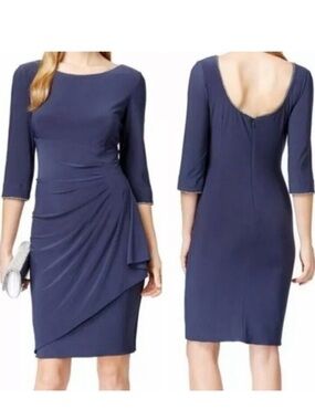 Alex Evenings Navy Blue Rhinestone Edge Embellished Bateau Jersey Dress Size 12